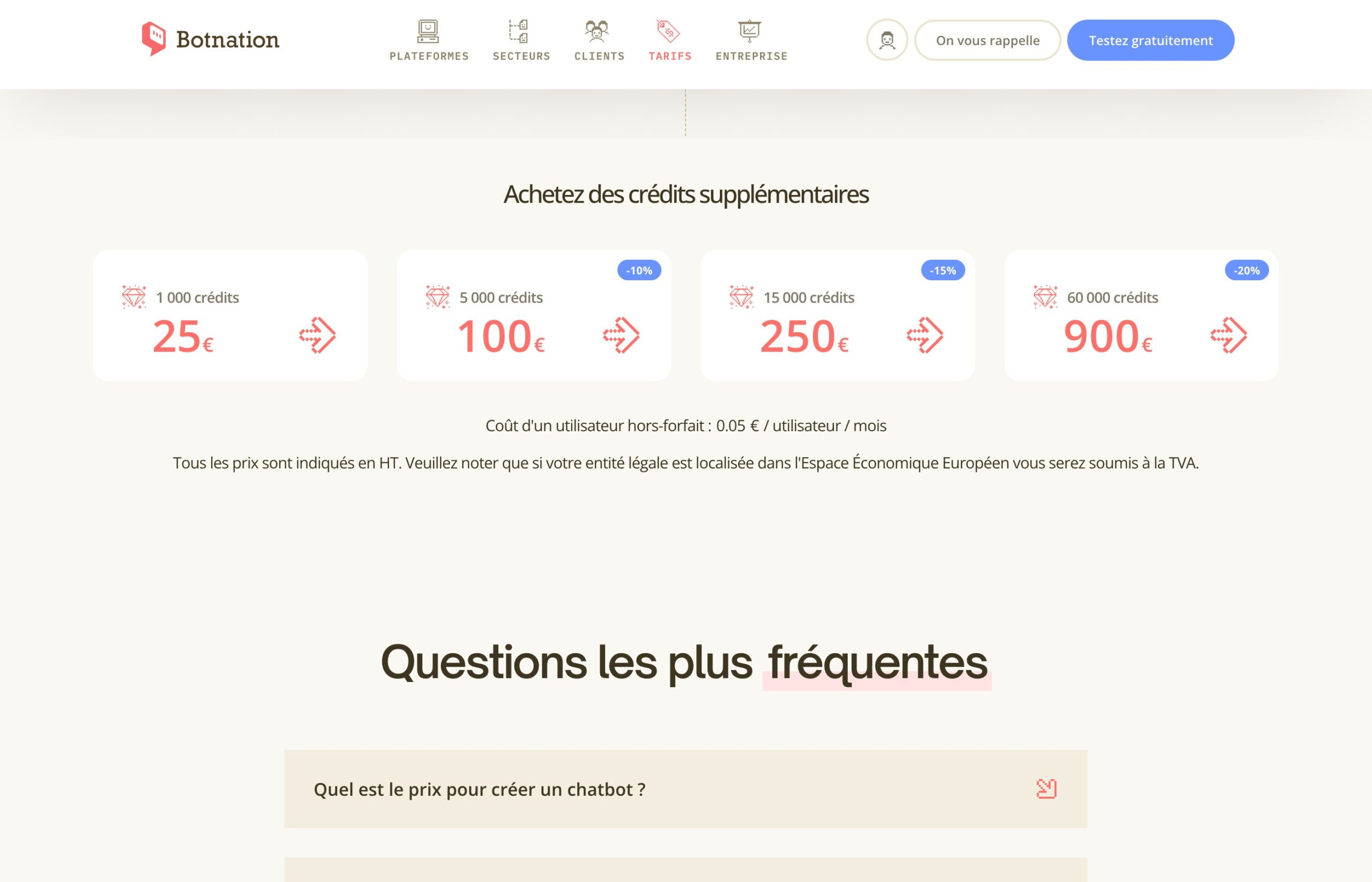 Packs de crédits IA de Botnation au 18 septembre 2026 : 1 000 crédits à 25 euros, 5 000 à 100 euros, 15 000 à 250 euros, 60 000 à 900 euros, utilisateur hors forfait à 0,05 euro par mois