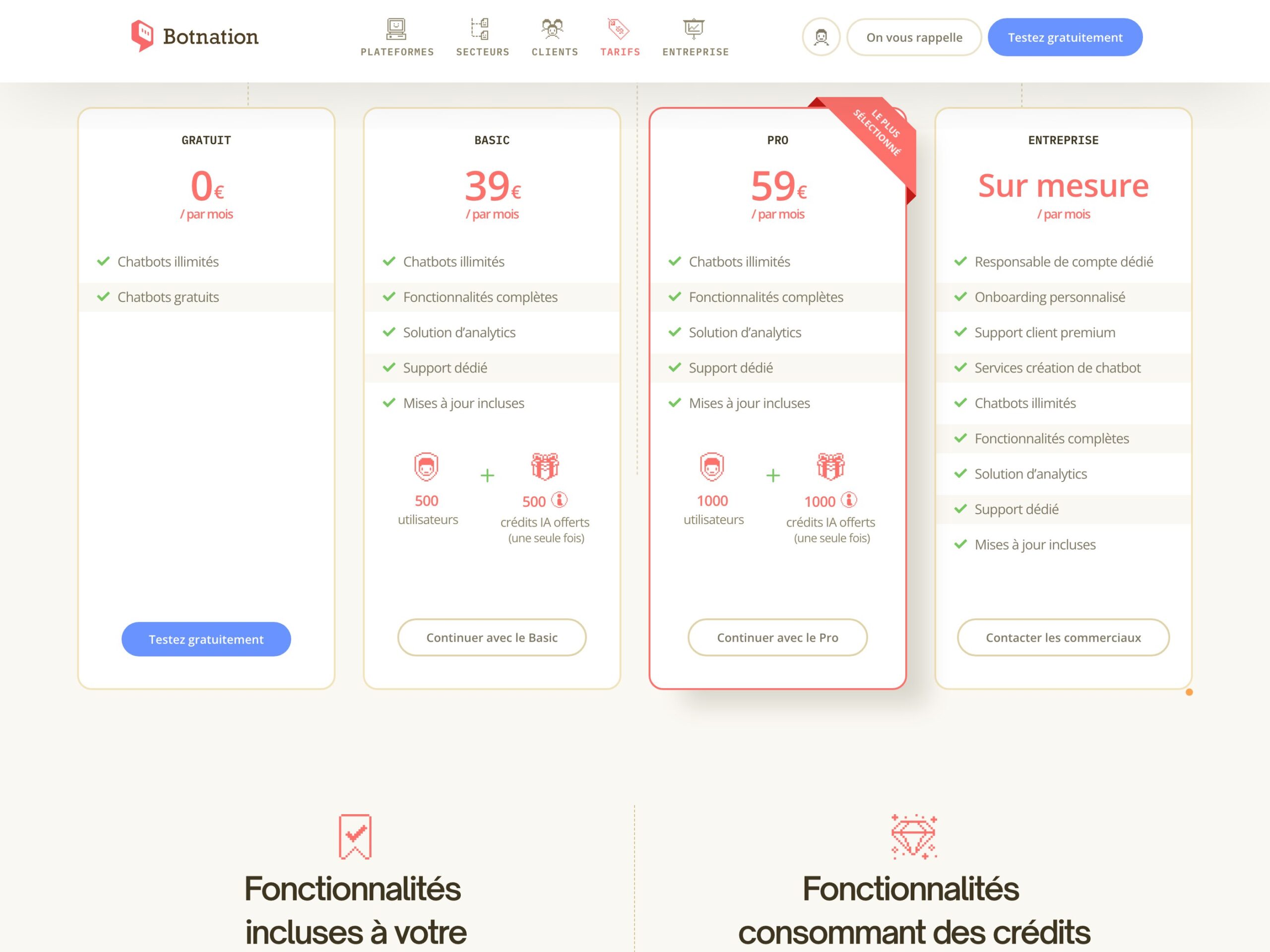 Grille tarifaire publique de Botnation au 18 septembre 2026 : offres Gratuit à 0 €, Basic à 39 € par mois, Pro à 59 € par mois et Entreprise sur mesure