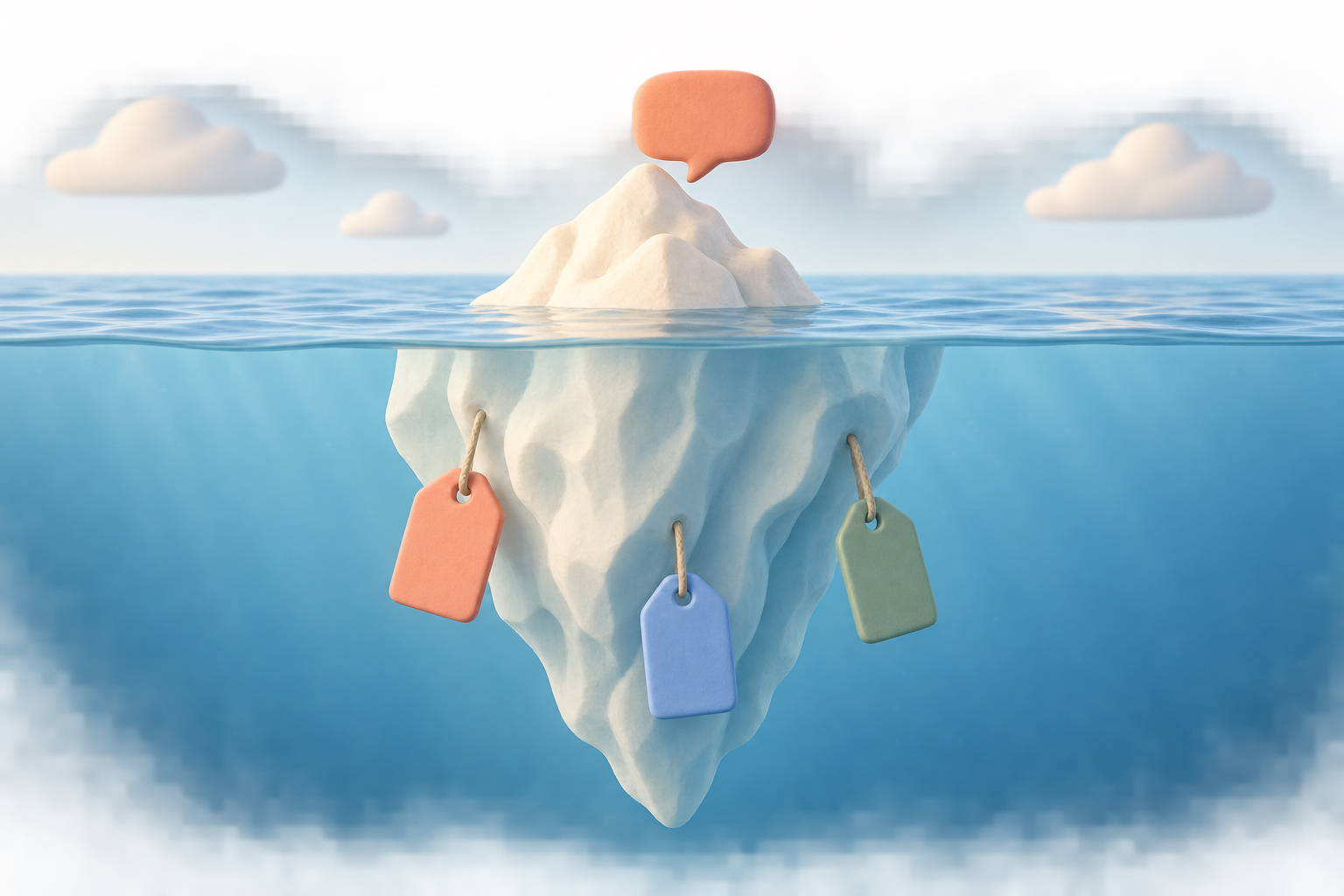 Clay 3D iceberg: a small cream tip with a coral chat bubble above the water and a hidden mass carrying blank coral, blue and green tags below