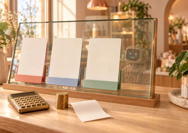 Planche tarifaire en verre avec trois cartes vierges corail, bleue et verte, calculatrice laiton, pièces et reçu sur un comptoir en bois, petite mascotte robot reflétée dans la vitre