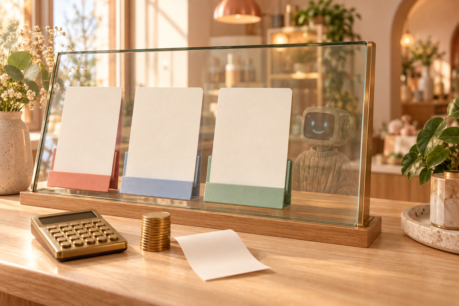 Planche tarifaire en verre avec trois cartes vierges corail, bleue et verte, calculatrice laiton, pièces et reçu sur un comptoir en bois, petite mascotte robot reflétée dans la vitre