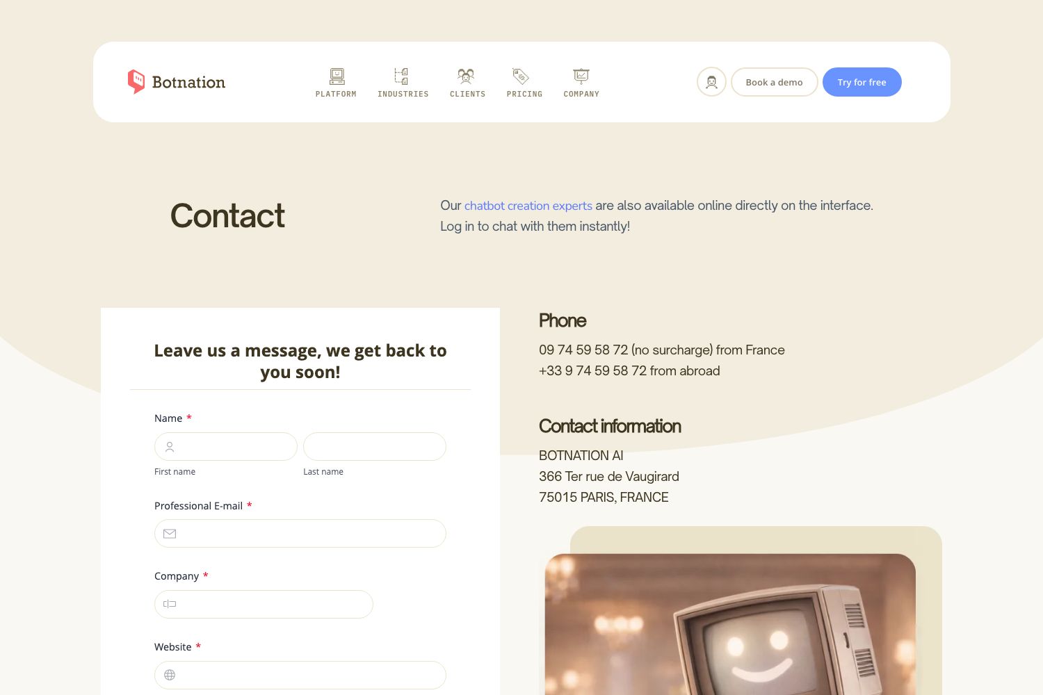 The Botnation contact page in English, the entry point to request a chatbot quote from the editor's experts