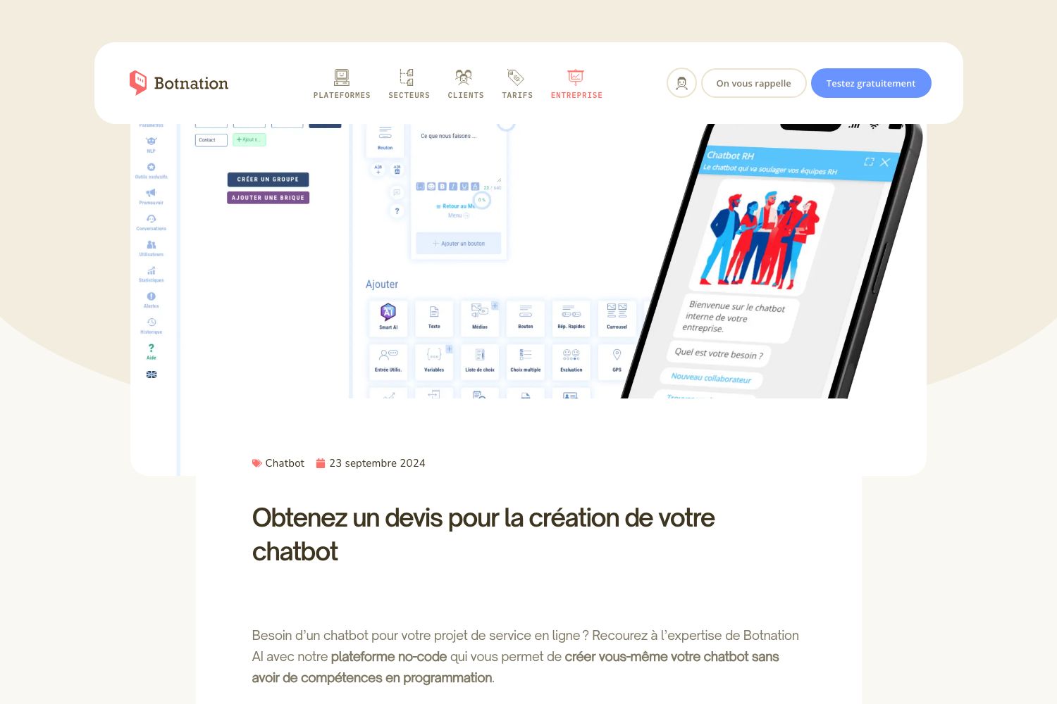 Page de demande de devis pour la création d'un chatbot sur botnation.ai, avec le bouton Demander un devis