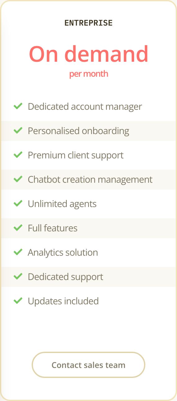 The Entreprise card on Botnation's English pricing page: On demand, with chatbot creation management, dedicated account manager and personalised onboarding