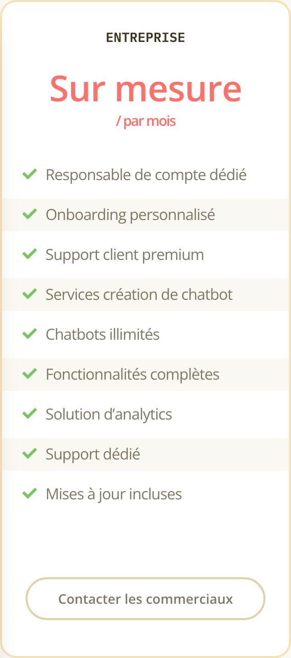 Carte de l'offre Entreprise sur la page tarifs de Botnation, avec les services création de chatbot, responsable de compte dédié et onboarding personnalisé