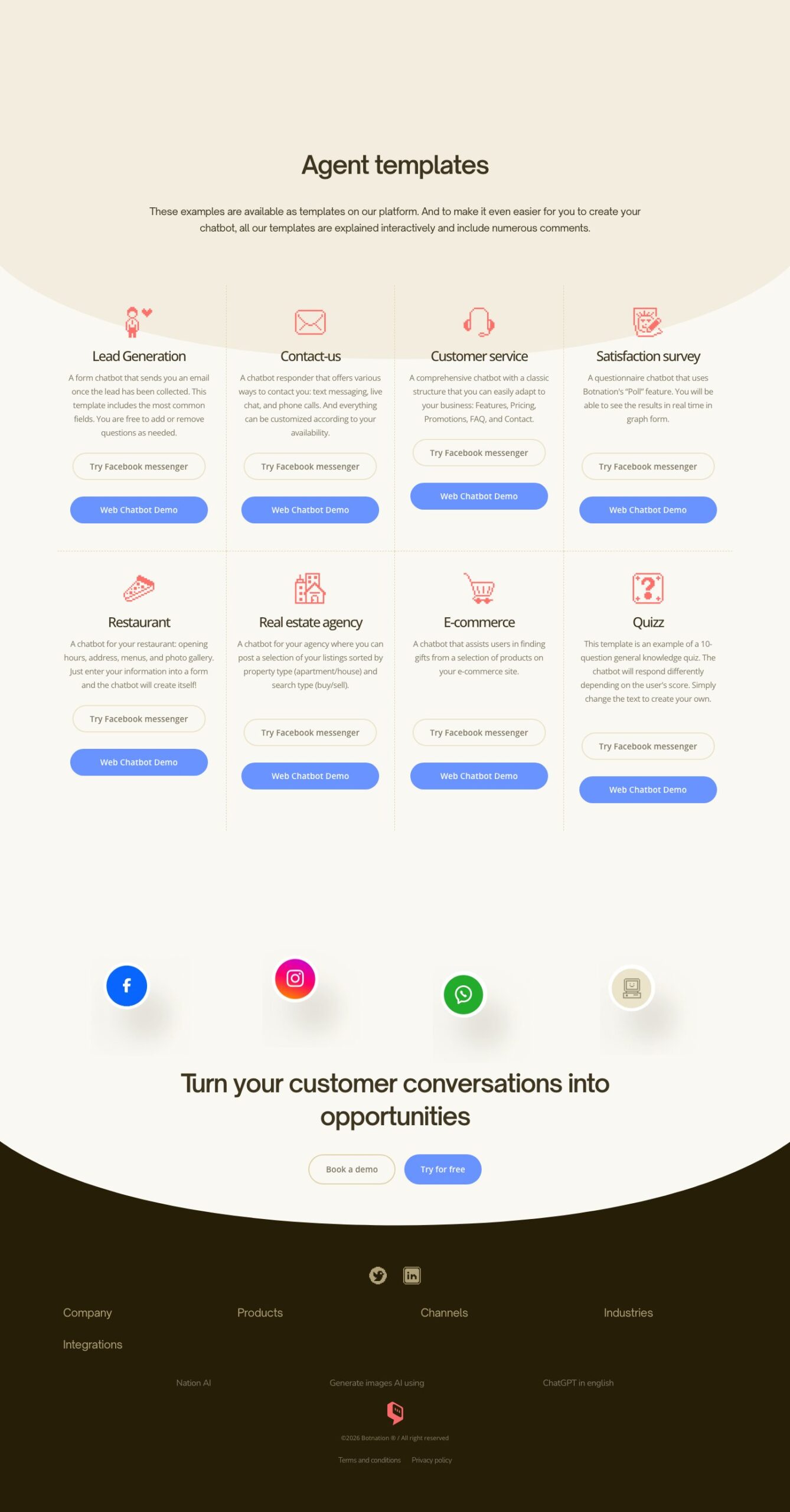 Botnation templates page listing the eight playable chatbot demos available as templates