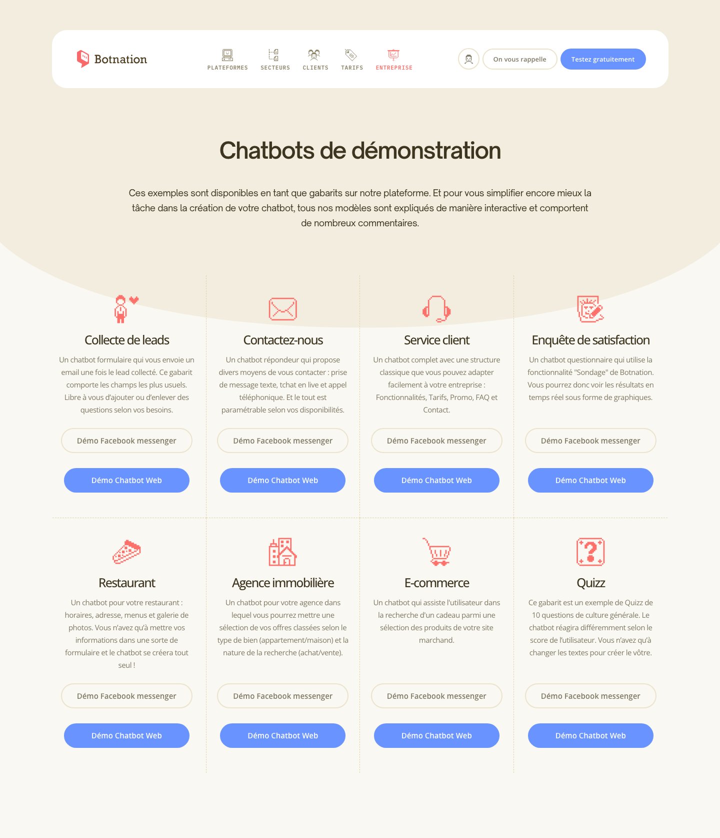 Page démonstrations de Botnation listant les huit chatbots de démonstration disponibles en tant que gabarits