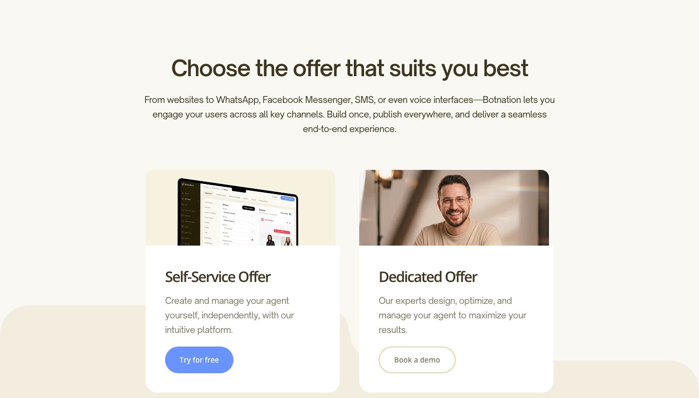 Section of the Botnation homepage presenting the Self-Service Offer and the Dedicated Offer