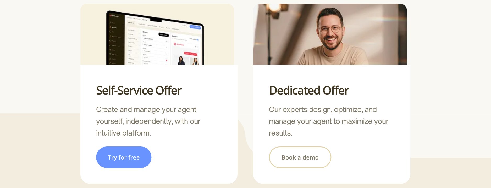 Botnation offers section: Self-Service Offer to build your chatbot on your own and Dedicated Offer with the experts