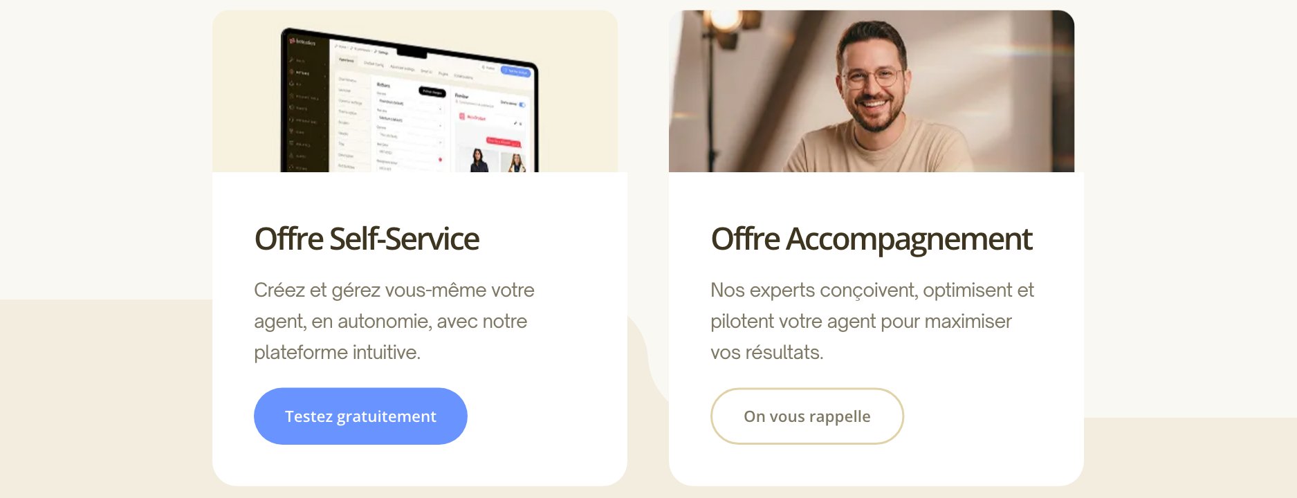 Section offres du site Botnation : offre Self-Service pour créer son chatbot en autonomie et offre Accompagnement avec les experts