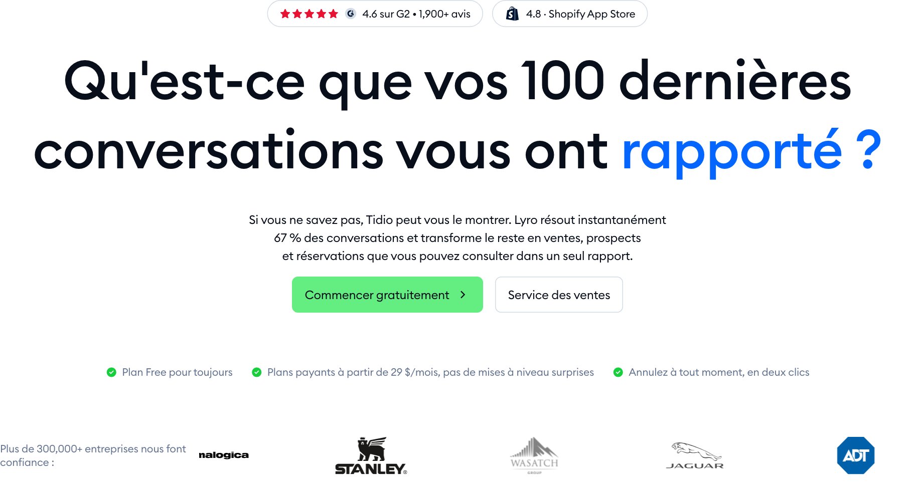Page d'accueil du site de Tidio le 22 septembre 2026, plateforme de service client avec agent IA Lyro