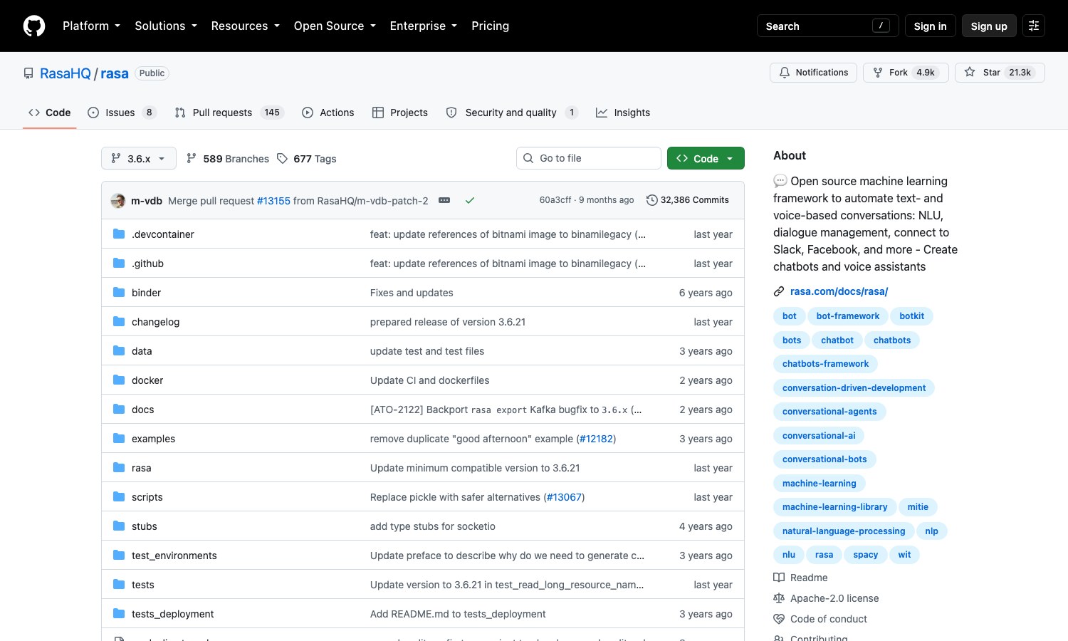 Screenshot of the Rasa GitHub repository: Apache 2.0 license and version 3.6.x