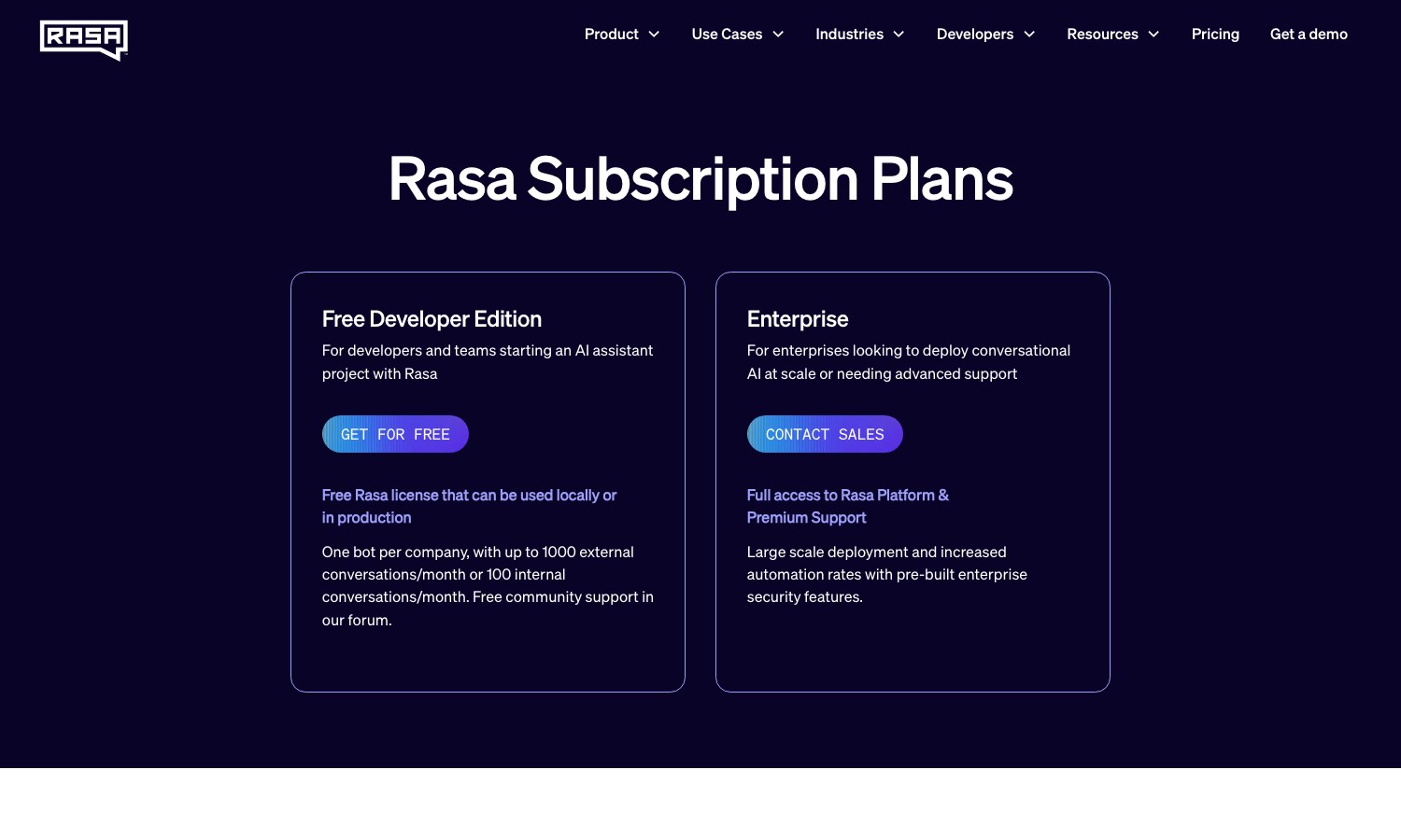 Screenshot of the Rasa pricing page: free Developer Edition and quote-only Enterprise offer