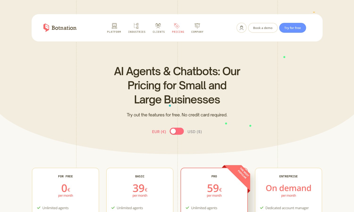 Screenshot of the Botnation pricing page: For Free 0 euro, Basic 39 euros, Pro 59 euros per month, Enterprise on demand