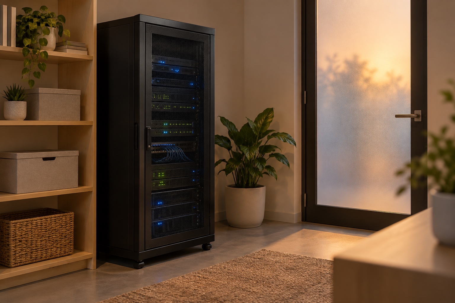 Server rack in a company room, illustration of self-hosting a chatbot
