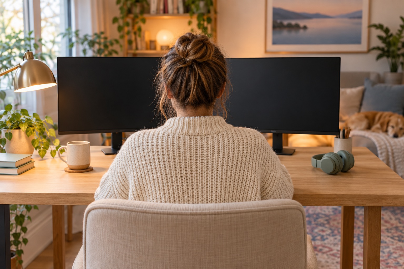 Person seen from behind in front of two screens, working on chatbot code