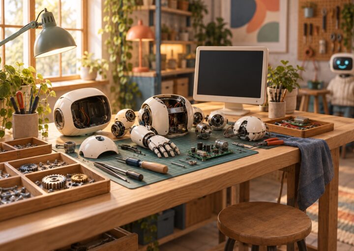 Atelier de fabrication avec les pieces d'un robot a assembler, l'assistant robotique de Botnation en arriere-plan