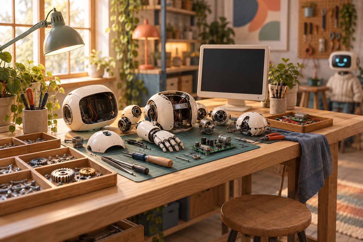 Atelier de fabrication avec les pieces d'un robot a assembler, l'assistant robotique de Botnation en arriere-plan