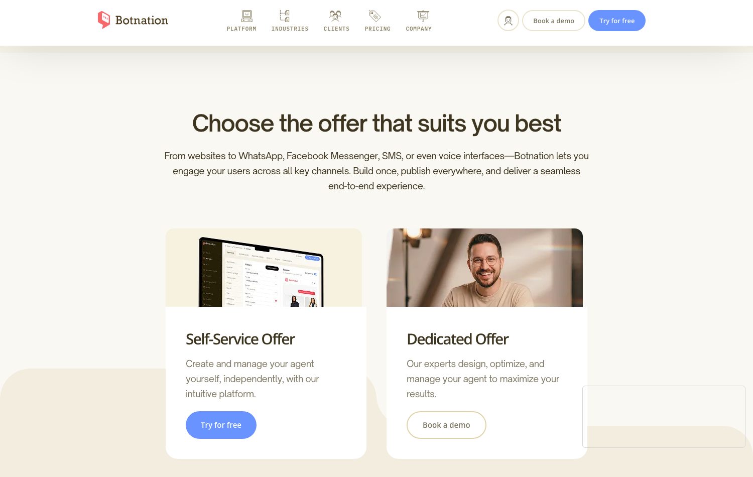 Botnation homepage: Self-Service Offer to build in autonomy and Dedicated Offer with chatbot creation experts