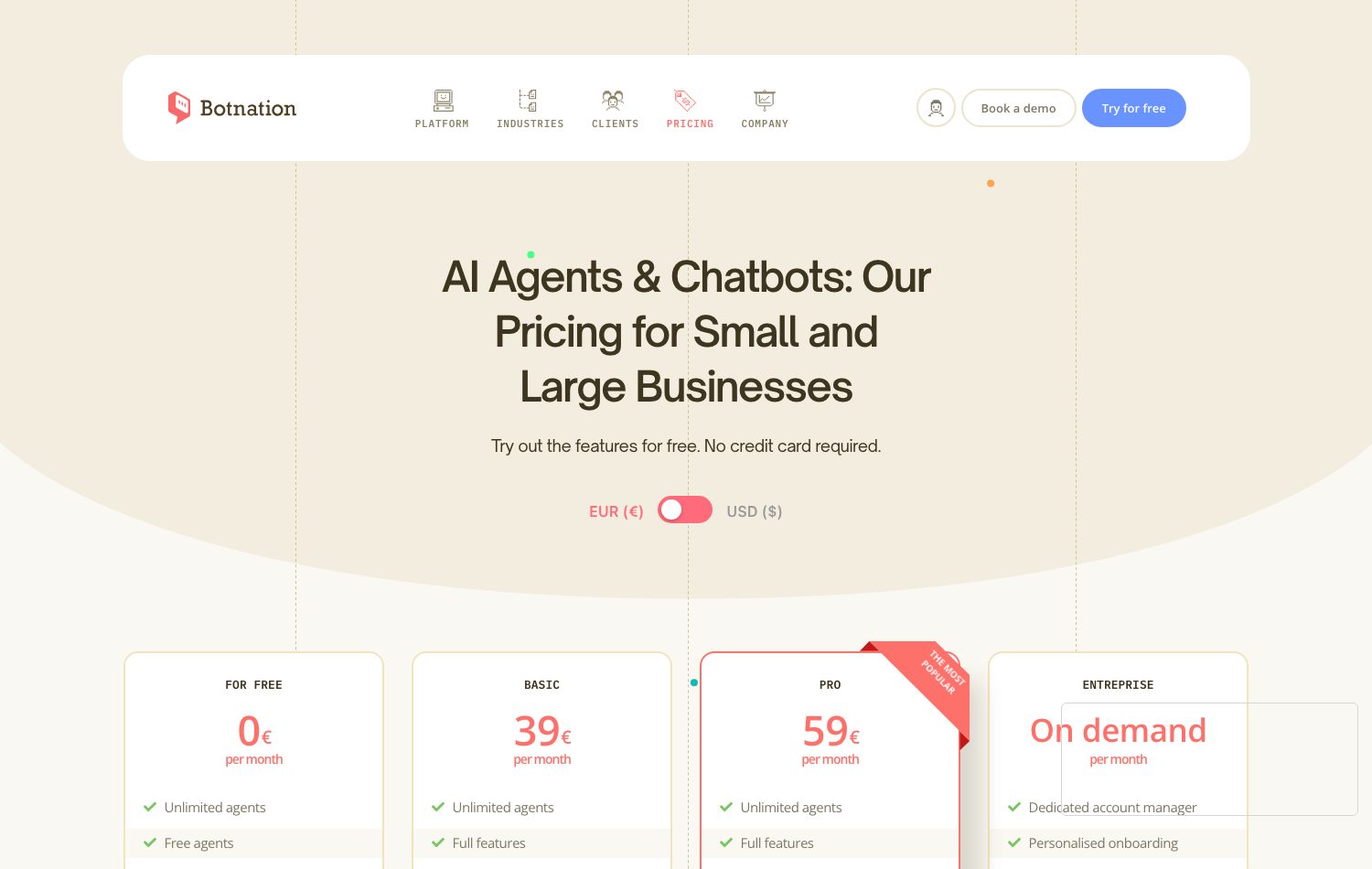 Botnation pricing page: For Free 0 EUR, Basic 39 EUR, Pro 59 EUR and Entreprise on demand plans, captured on September 10, 2026