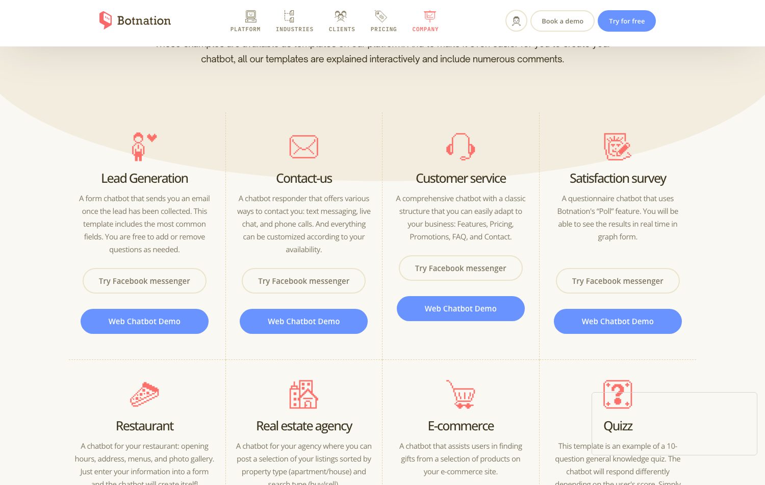 Botnation template gallery: ready-to-use chatbot templates for various industries