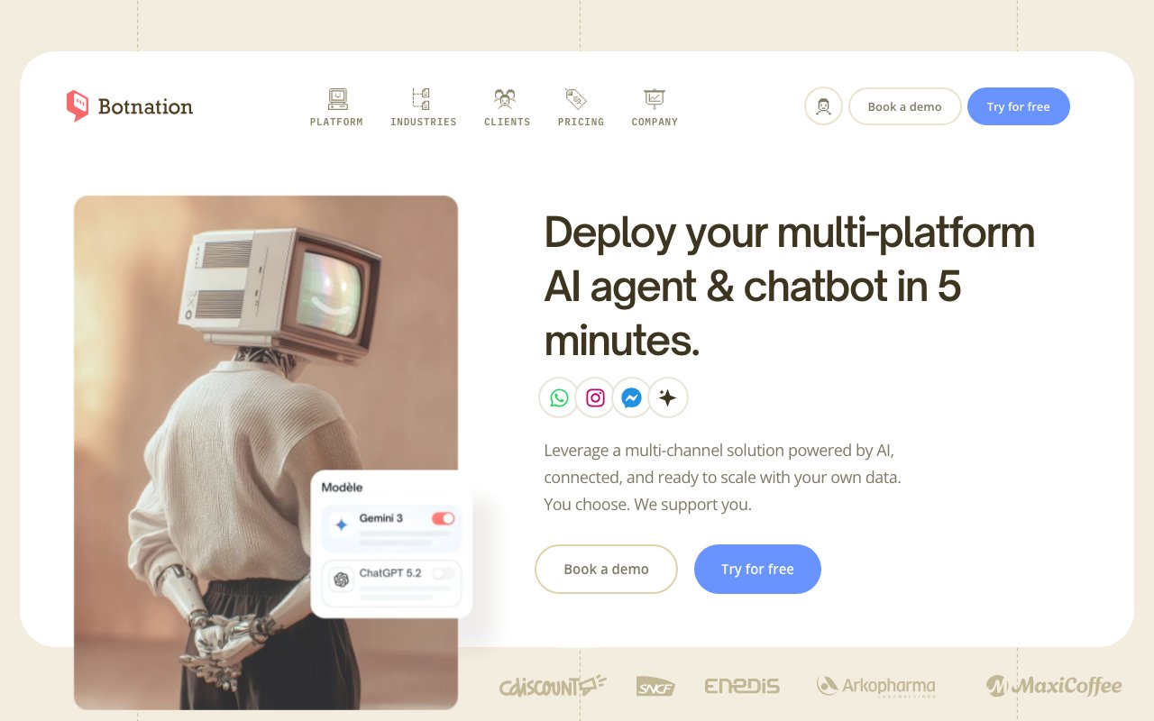 Botnation, WordPress chatbot: English homepage of the French platform
