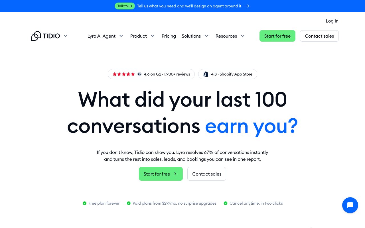 Tidio, WordPress chatbot: English homepage with the Lyro AI agent