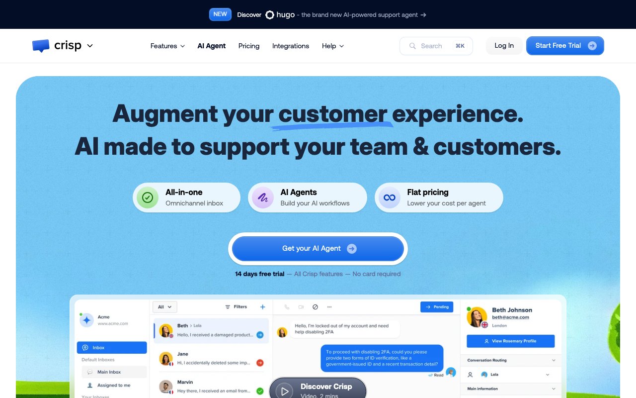 Crisp, chat and chatbot for WordPress: English homepage of the platform