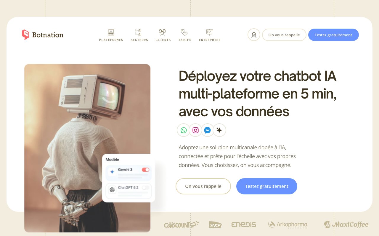 Botnation, chatbot WordPress : page d'accueil de la plateforme française