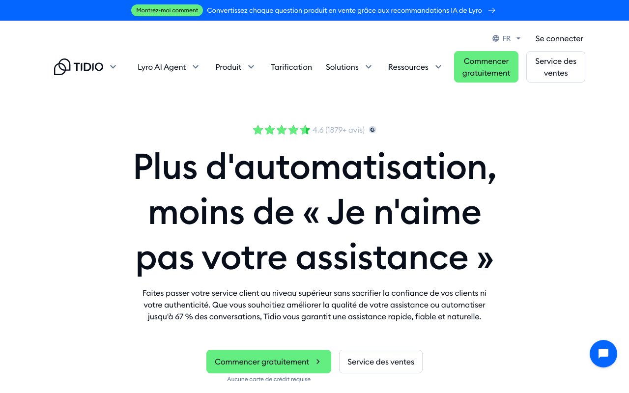 Tidio, chatbot WordPress : accueil de la solution avec l'agent IA Lyro