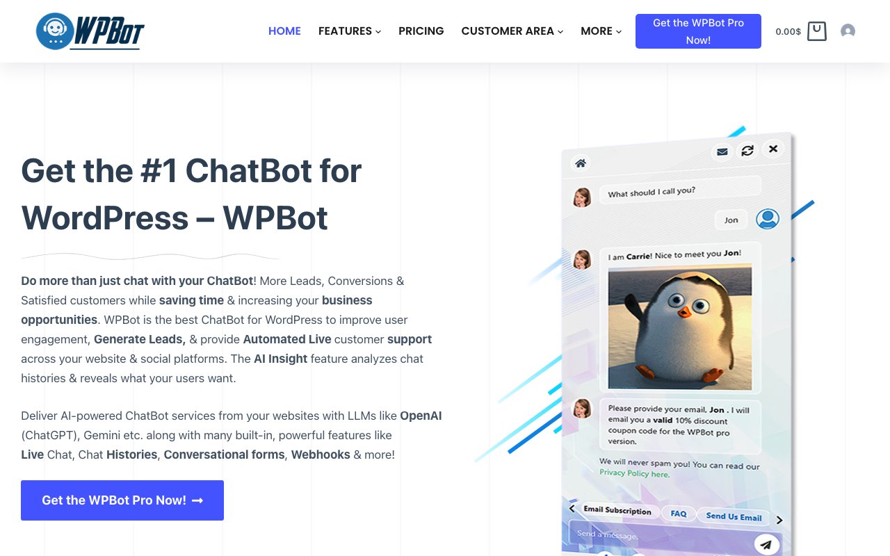 WPBot, WordPress chatbot plugin: official site wpbot.pro