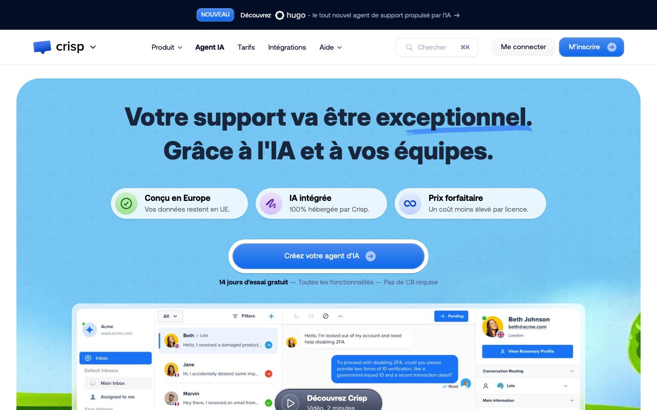 Crisp, messagerie et chatbot pour site WordPress : accueil de la plateforme