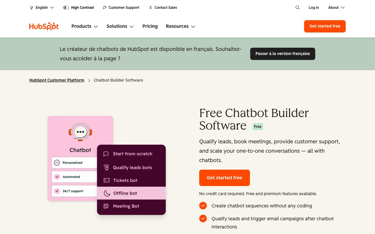HubSpot, the CRM's free chatbot builder: official page
