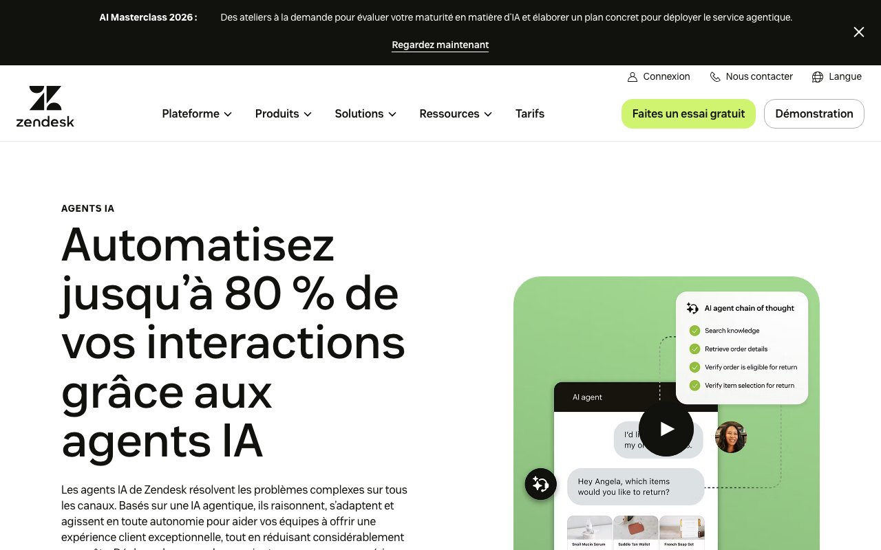 Zendesk, suite service client avec agents IA : page officielle