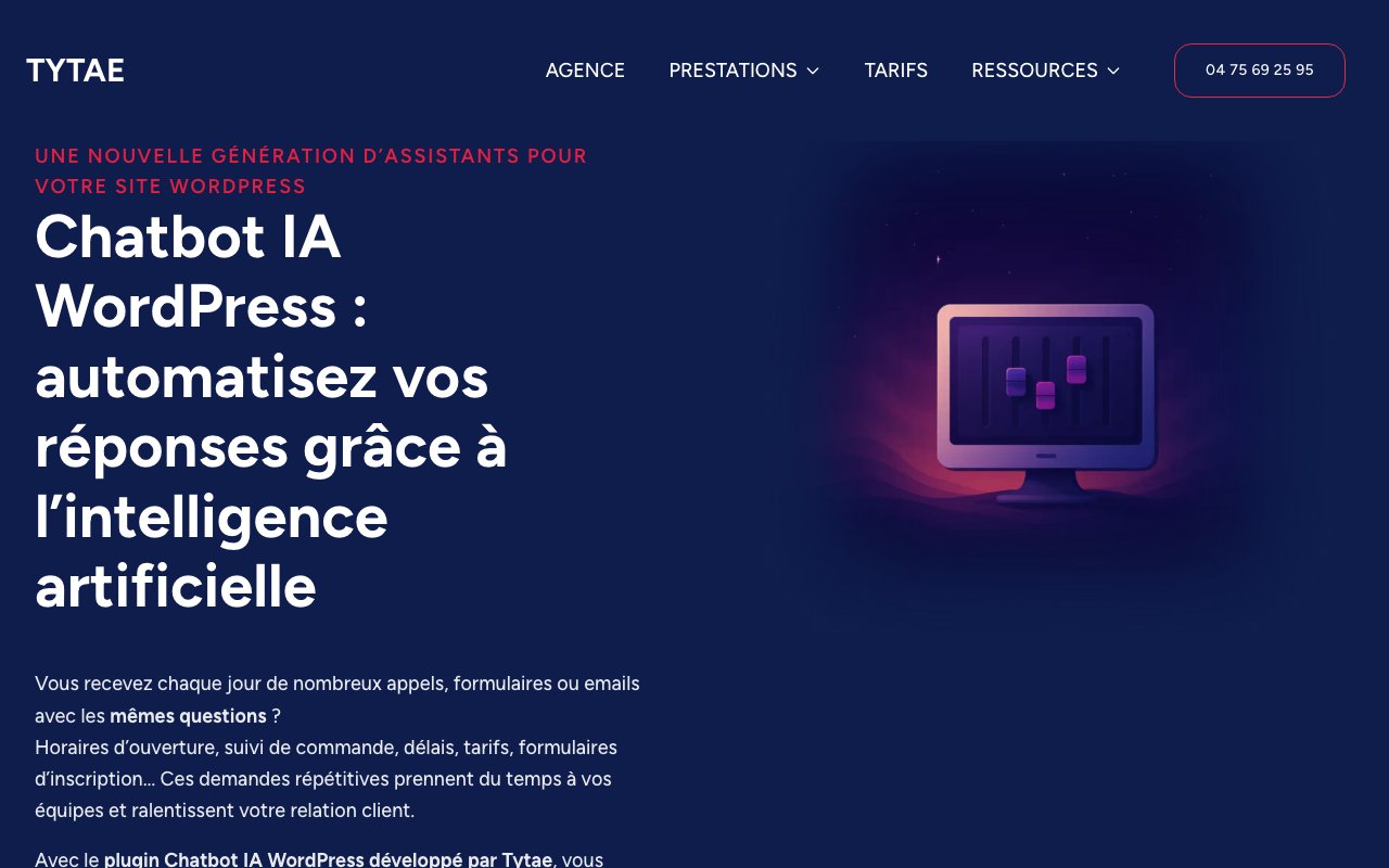Tytae, WordPress AI chatbot trained on site content: official page (in French)