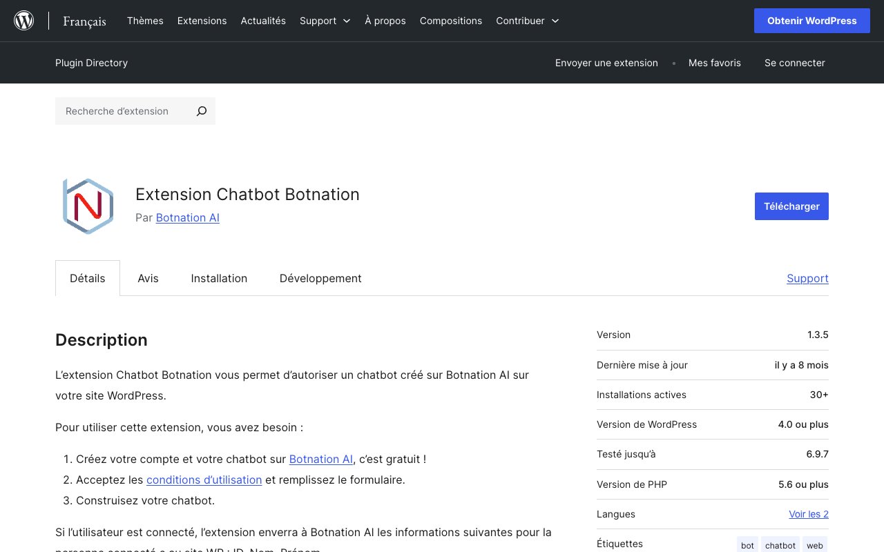 Plugin WordPress Botnation : fiche officielle sur le répertoire wordpress.org