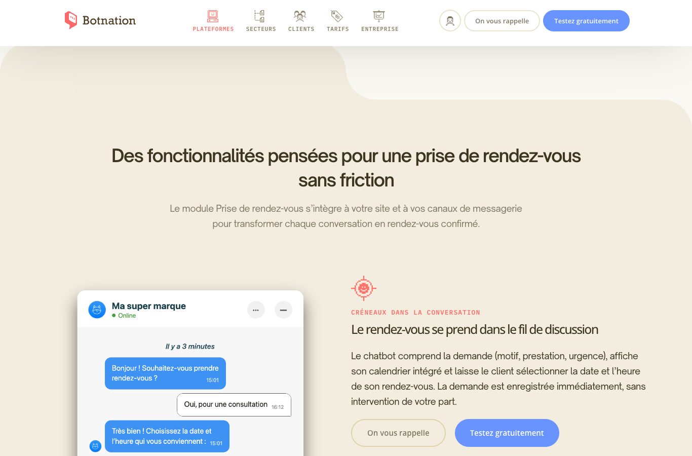 Capture d’écran de la page Prise de rendez-vous du site de Botnation. Une fenêtre de chat de démonstration intitulée Ma super marque montre un échange où le bot propose un rendez-vous et invite le client à choisir une date et une heure. La mention Le rendez-vous se prend dans le fil de discussion figure à côté, sous un titre annonçant des fonctionnalités dédiées aux rendez-vous sans friction.