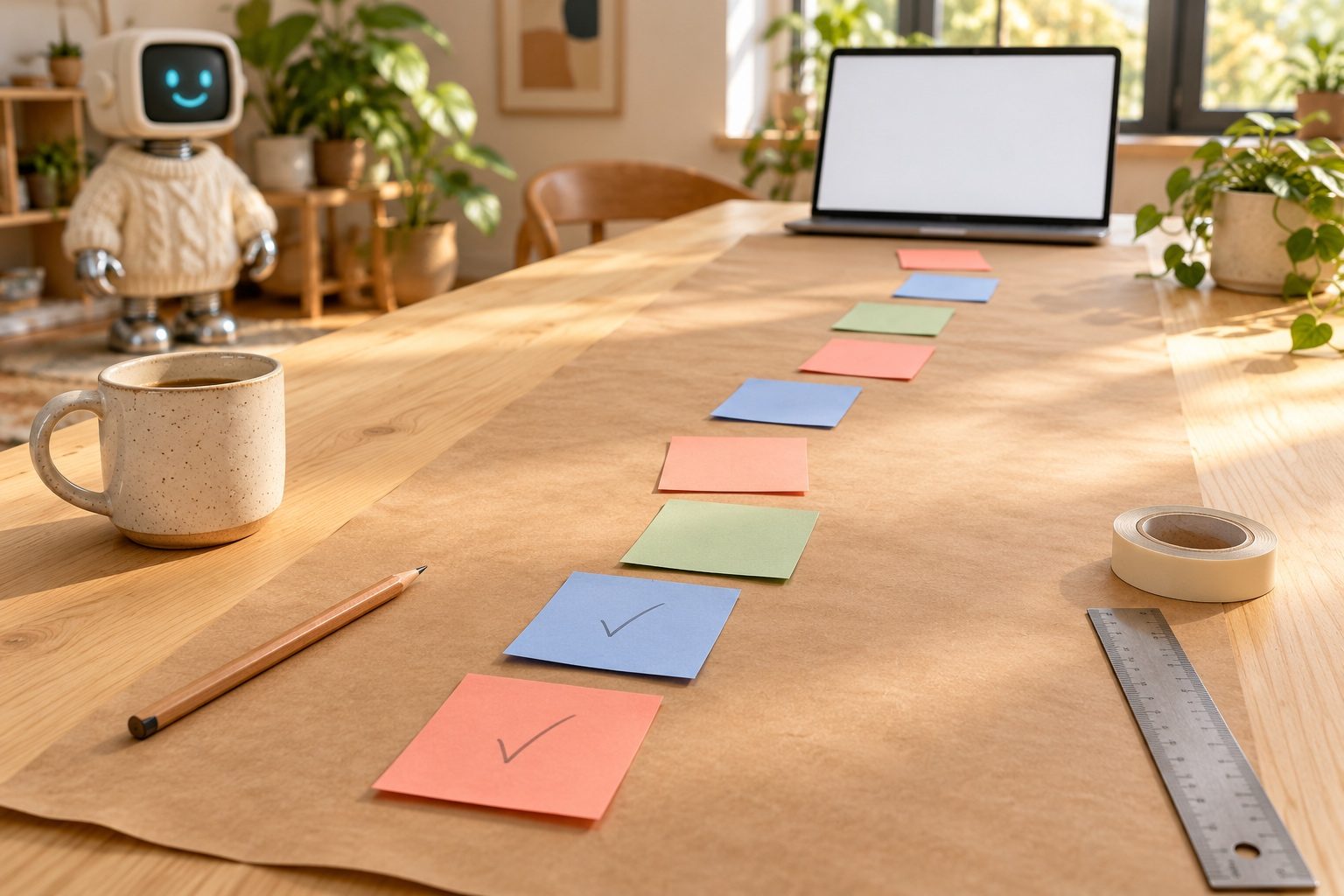 Sur une longue table en bois, dix notes adhésives vierges de couleurs corail, bleue et verte dessinent un chemin sur du papier kraft vers un ordinateur portable installé au bout de la table, les premières notes cochées. Un crayon, une règle, du ruban adhésif et une tasse complètent la scène, et la mascotte du robot se tient en arrière-plan.