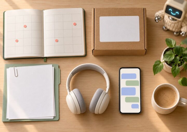 Vue plongeante sur un bureau en bois blond : agenda ponctué de rondes corail, colis kraft à l’étiquette blanche, chemise verte au trombone, casque, téléphone aux bulles vides, plante, café. Coupé dans l’angle supérieur droit, le robot de Botnation sourit en pull de laine.
