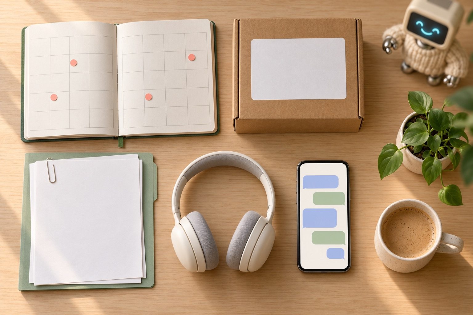 Vue plongeante sur un bureau en bois blond : agenda ponctué de rondes corail, colis kraft à l’étiquette blanche, chemise verte au trombone, casque, téléphone aux bulles vides, plante, café. Coupé dans l’angle supérieur droit, le robot de Botnation sourit en pull de laine.