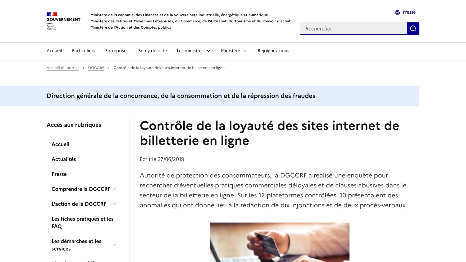 Page de la DGCCRF sur le contrôle de la loyauté des sites internet de billetterie en ligne