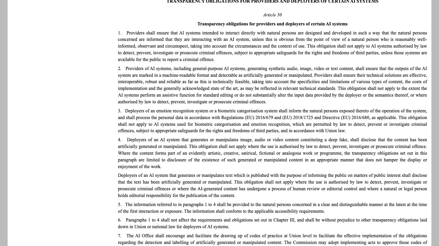 Article 50 of the EU regulation on artificial intelligence on the EUR-Lex site, English version