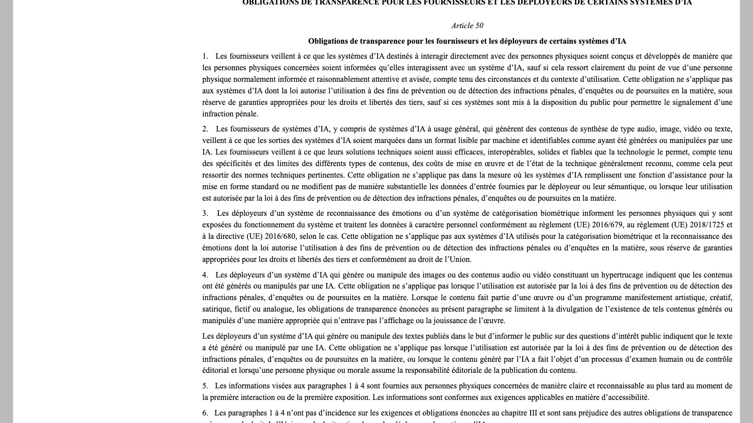 Article 50 du règlement européen sur l’intelligence artificielle sur le site EUR-Lex