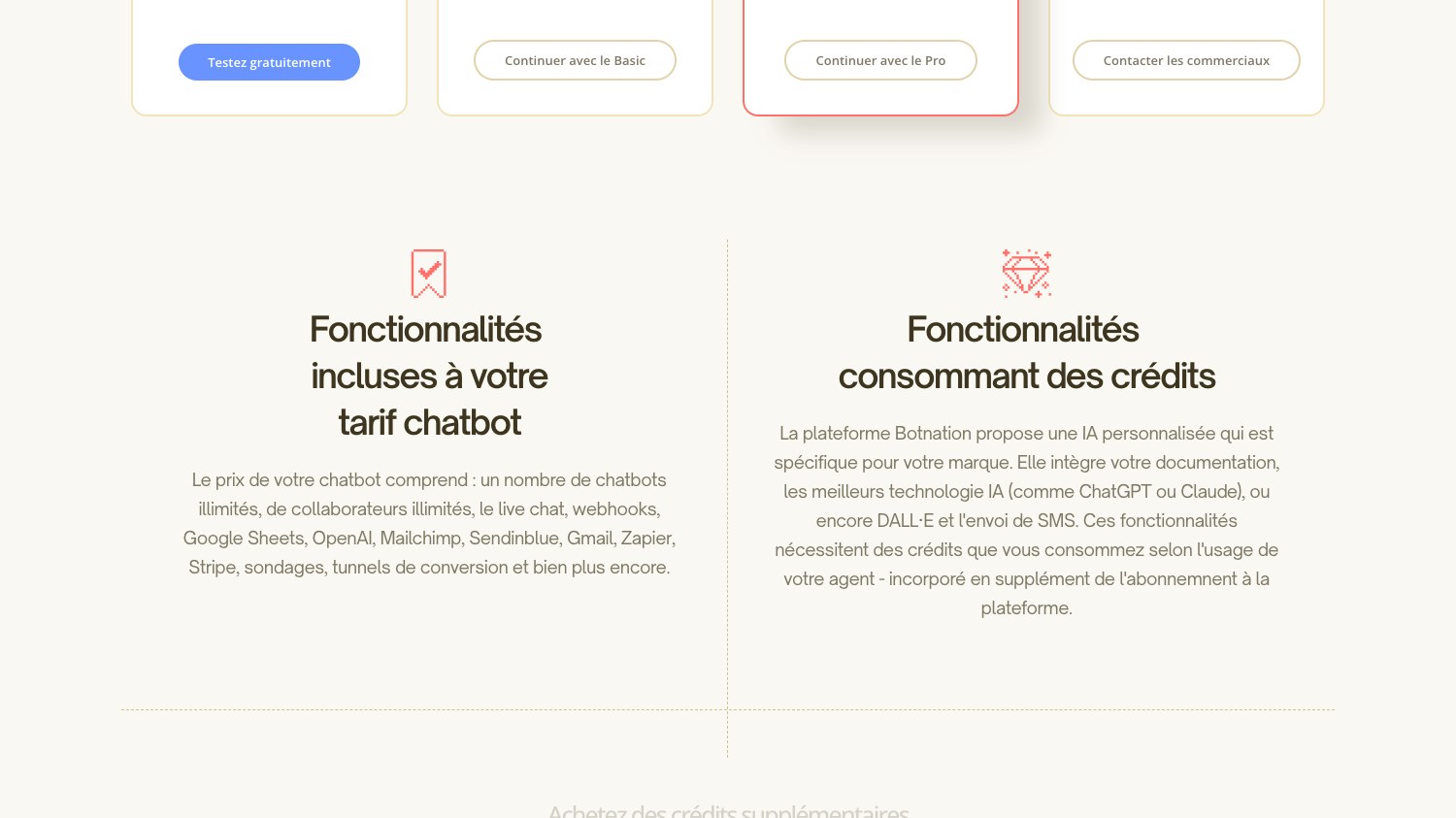 Grille tarifaire de la page tarifs de Botnation avec les offres Gratuit, Basic, Pro et Entreprise