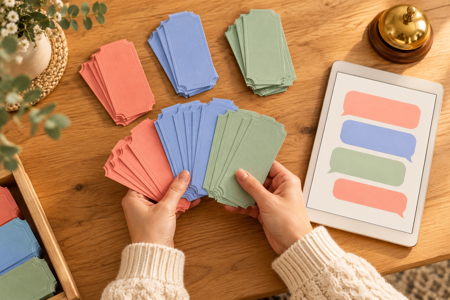 Deux mains en pull crème trient un éventail de billets cartonnés corail, bleu et vert sauge sur un bureau de guichet en bois clair