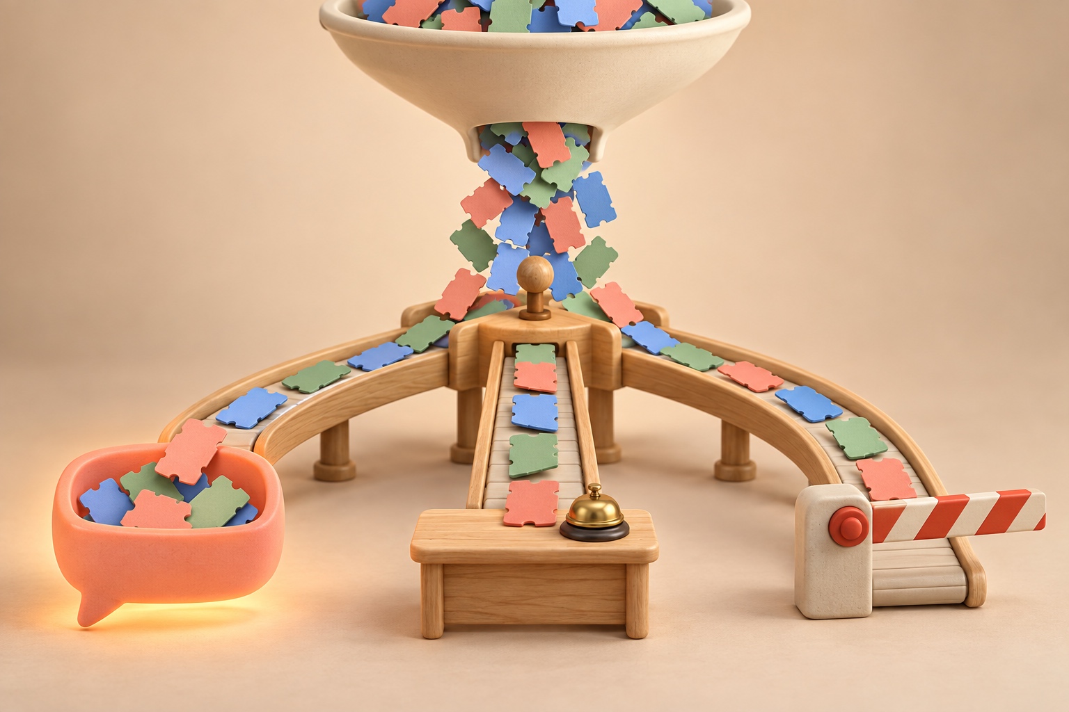 Maquette en pâte à modeler : un entonnoir de billets colorés se répartit vers trois couloirs, une bulle de conversation, un bureau avec sonnette et une barrière