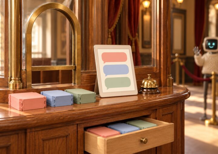 Un guichet de billetterie en bois clair avec des billets colorés vierges, une tablette affichant des bulles de conversation vides et une sonnette, la mascotte robot en retrait derrière le comptoir