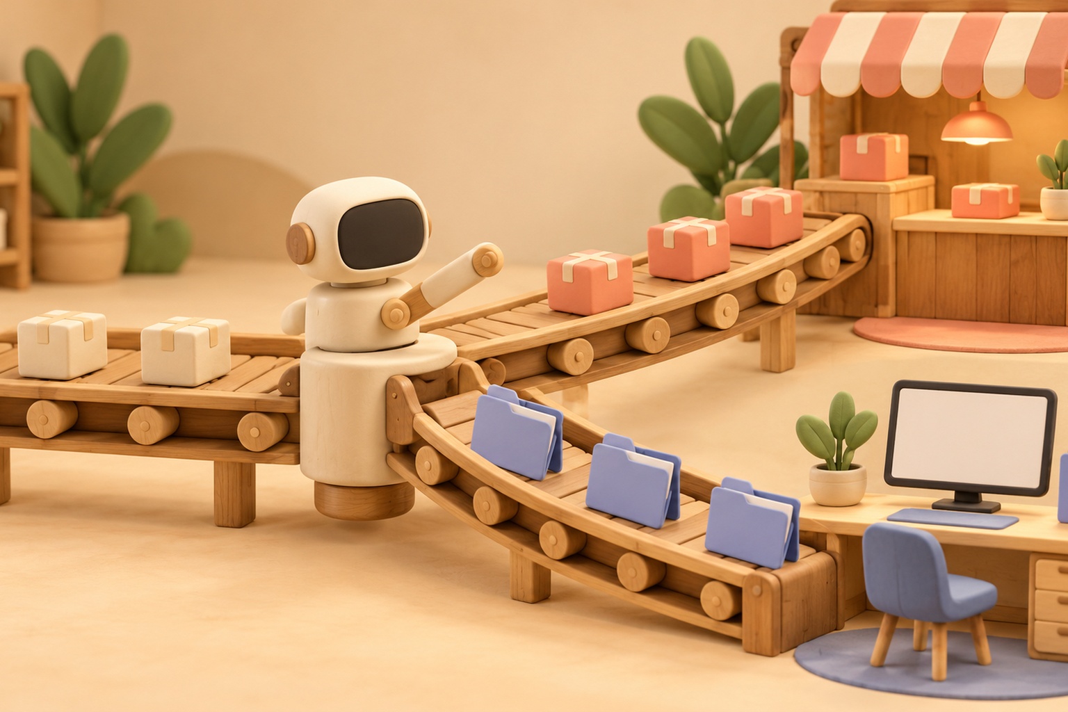 Small clay robot kiosk at the junction of a conveyor belt that splits into two lanes, one toward a shop stand, the other toward an office desk