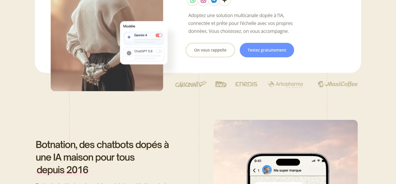 Page d’accueil de botnation.ai : les deux offres Self-Service et Accompagnement présentées côte à côte