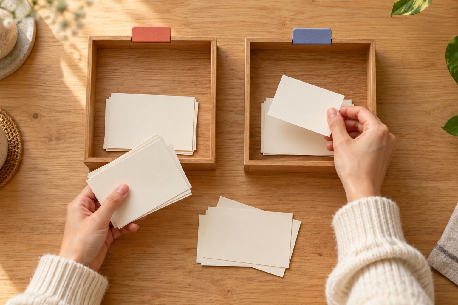Two hands in a cream sweater sleeve sorting blank cards into two wooden trays, one with coral tabs, the other with blue tabs